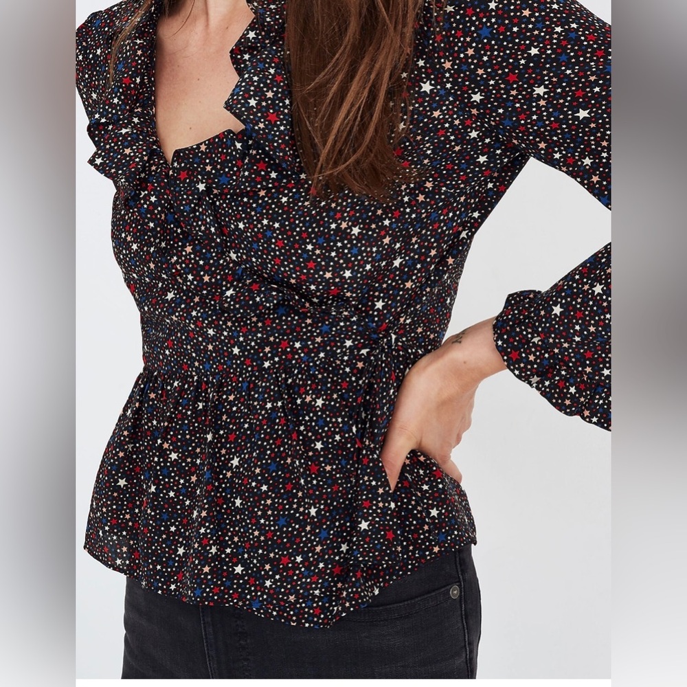 Madewell Womens Top Silk Ruffle-Hem Wrap Blouse in Starry Night Size S